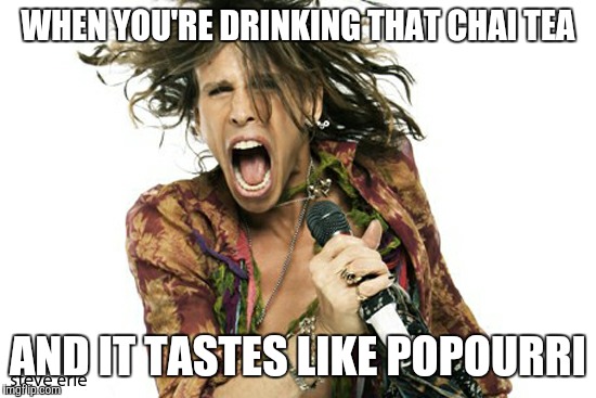 Steve Tyler Aerosmith | WHEN YOU'RE DRINKING THAT CHAI TEA; AND IT TASTES LIKE POPOURRI | image tagged in steve tyler aerosmith | made w/ Imgflip meme maker