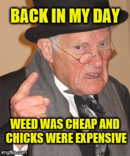 Back In My Day Meme | BACK IN MY DAY; WEED WAS CHEAP AND CHICKS WERE EXPENSIVE | image tagged in memes,back in my day | made w/ Imgflip meme maker