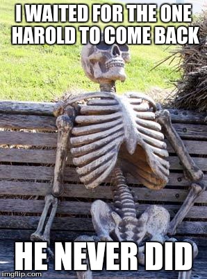 Waiting Skeleton Meme | I WAITED FOR THE ONE HAROLD TO COME BACK HE NEVER DID | image tagged in memes,waiting skeleton | made w/ Imgflip meme maker
