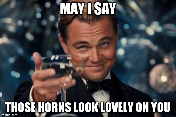 Leonardo Dicaprio Cheers Meme | MAY I SAY THOSE HORNS LOOK LOVELY ON YOU | image tagged in memes,leonardo dicaprio cheers | made w/ Imgflip meme maker