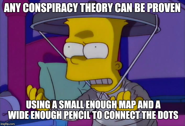 Look! A Pentagon! | ANY CONSPIRACY THEORY CAN BE PROVEN; USING A SMALL ENOUGH MAP AND A WIDE ENOUGH PENCIL TO CONNECT THE DOTS | image tagged in conspiracy bart | made w/ Imgflip meme maker
