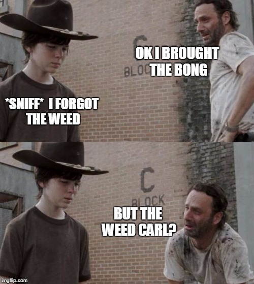 Rick and Carl | OK I BROUGHT THE BONG; *SNIFF* 
I FORGOT THE WEED; BUT THE WEED CARL? | image tagged in memes,rick and carl | made w/ Imgflip meme maker