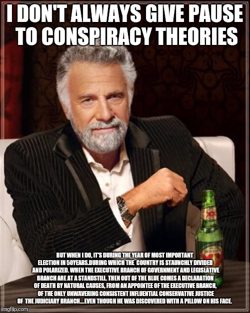 The Most Interesting Man In The World | I DON'T ALWAYS GIVE PAUSE TO CONSPIRACY THEORIES; BUT WHEN I DO, IT'S DURING THE YEAR OF MOST IMPORTANT ELECTION IN 50YEARS.DURING WHICH THE  COUNTRY IS STAUNCHLY DIVIDED  AND POLARIZED. WHEN THE EXECUTIVE BRANCH OF GOVERNMENT AND LEGISLATIVE BRANCH ARE AT A STANDSTILL. THEN OUT OF THE BLUE COMES A DECLARATION OF DEATH BY NATURAL CAUSES, FROM AN APPOINTEE OF THE EXECUTIVE BRANCH,  OF THE ONLY UNWAVERING CONSISTENT INFLUENTIAL CONSERVATIVE JUSTICE OF  THE JUDICIARY BRANCH....EVEN THOUGH HE WAS DISCOVERED WITH A PILLOW ON HIS FACE. | image tagged in memes,the most interesting man in the world | made w/ Imgflip meme maker