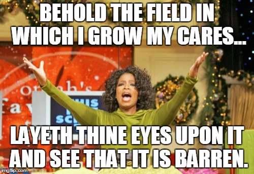 You Get An X And You Get An X Meme | BEHOLD THE FIELD IN WHICH I GROW MY CARES... LAYETH THINE EYES UPON IT AND SEE THAT IT IS BARREN. | image tagged in memes,you get an x and you get an x | made w/ Imgflip meme maker