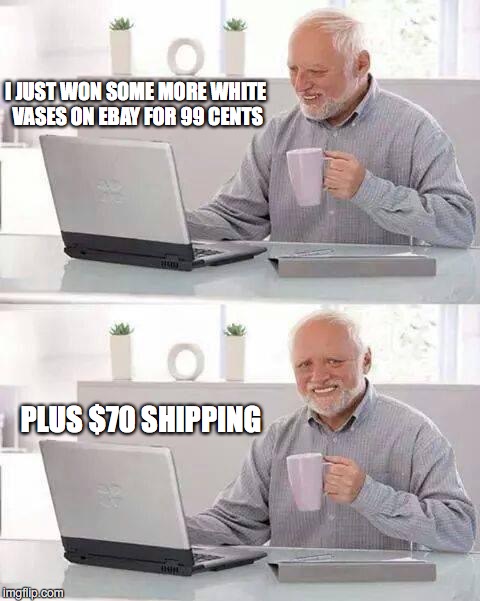 Hide the Pain Harold | I JUST WON SOME MORE WHITE VASES ON EBAY FOR 99 CENTS; PLUS $70 SHIPPING | image tagged in memes,hide the pain harold | made w/ Imgflip meme maker