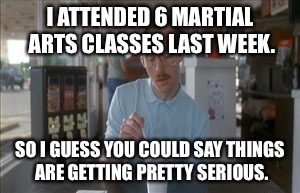 So I Guess You Can Say Things Are Getting Pretty Serious | I ATTENDED 6 MARTIAL ARTS CLASSES LAST WEEK. SO I GUESS YOU COULD SAY THINGS ARE GETTING PRETTY SERIOUS. | image tagged in memes,so i guess you can say things are getting pretty serious | made w/ Imgflip meme maker