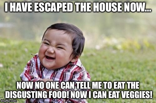 Evil Toddler | I HAVE ESCAPED THE HOUSE NOW... NOW NO ONE CAN TELL ME TO EAT THE DISGUSTING FOOD! NOW I CAN EAT VEGGIES! | image tagged in memes,evil toddler | made w/ Imgflip meme maker