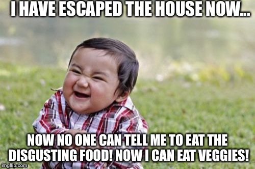 Evil Toddler | I HAVE ESCAPED THE HOUSE NOW... NOW NO ONE CAN TELL ME TO EAT THE DISGUSTING FOOD! NOW I CAN EAT VEGGIES! | image tagged in memes,evil toddler | made w/ Imgflip meme maker