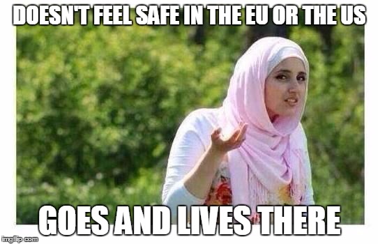 Confused Muslim Girl | DOESN'T FEEL SAFE IN THE EU OR THE US; GOES AND LIVES THERE | image tagged in confused muslim girl | made w/ Imgflip meme maker