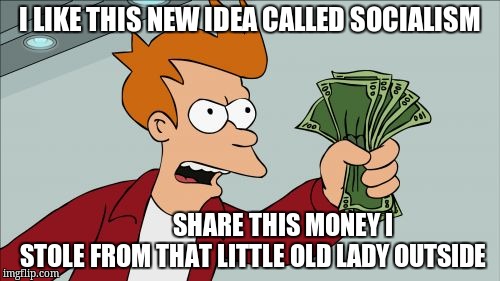 Shut Up And Take My Money Fry | I LIKE THIS NEW IDEA CALLED SOCIALISM; SHARE THIS MONEY I STOLE FROM THAT LITTLE OLD LADY OUTSIDE | image tagged in memes,shut up and take my money fry | made w/ Imgflip meme maker