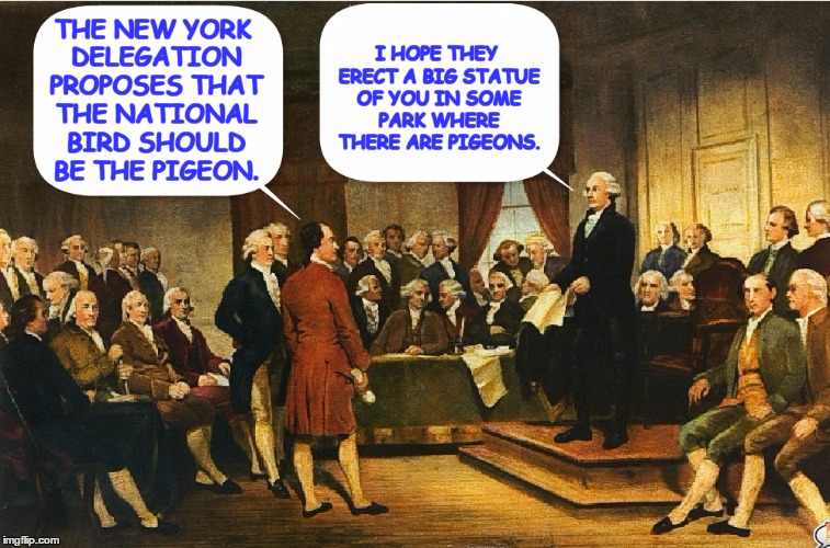 Washington - still cranky with the New York delegation. | I HOPE THEY ERECT A BIG STATUE OF YOU IN SOME PARK WHERE THERE ARE PIGEONS. THE NEW YORK DELEGATION PROPOSES THAT THE NATIONAL BIRD SHOULD BE THE PIGEON. | image tagged in memes,constitutional convention,george washington,benjamin franklin | made w/ Imgflip meme maker