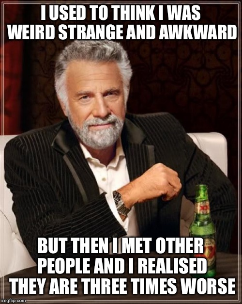 The Most Interesting Man In The World | I USED TO THINK I WAS WEIRD STRANGE AND AWKWARD; BUT THEN I MET OTHER PEOPLE AND I REALISED THEY ARE THREE TIMES WORSE | image tagged in memes,the most interesting man in the world | made w/ Imgflip meme maker