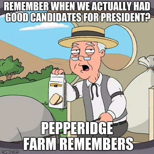 Pepperidge Farm Remembers Meme | REMEMBER WHEN WE ACTUALLY HAD GOOD CANDIDATES FOR PRESIDENT? PEPPERIDGE FARM REMEMBERS | image tagged in memes,pepperidge farm remembers | made w/ Imgflip meme maker