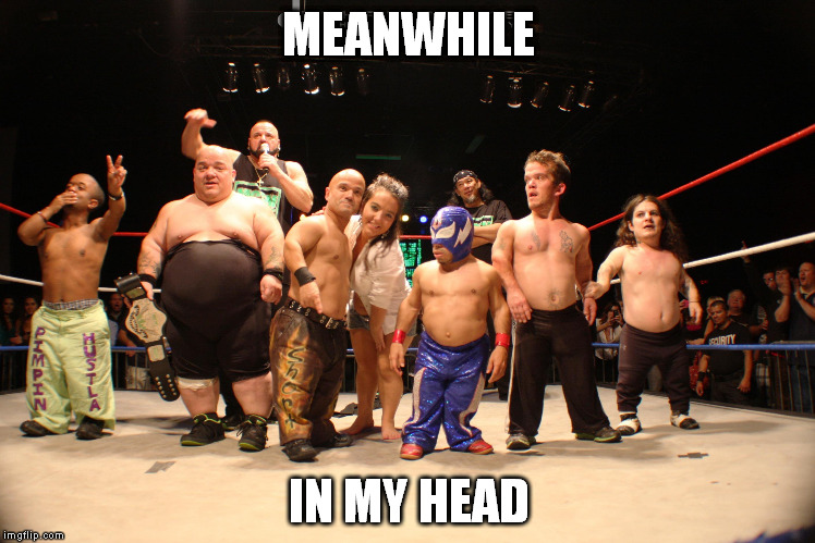 pretend time | MEANWHILE; IN MY HEAD | image tagged in wrestling | made w/ Imgflip meme maker