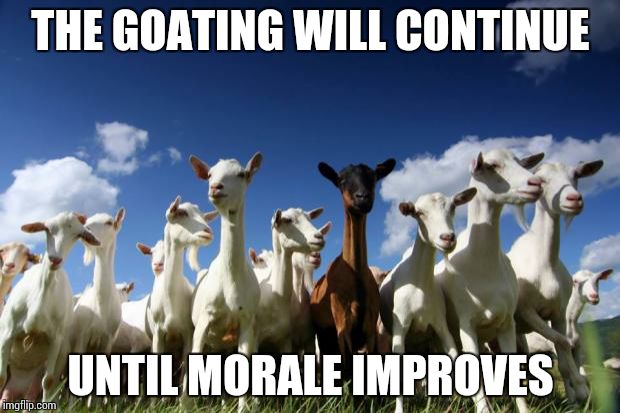 solidarity goats | THE GOATING WILL CONTINUE; UNTIL MORALE IMPROVES | image tagged in solidarity goats | made w/ Imgflip meme maker