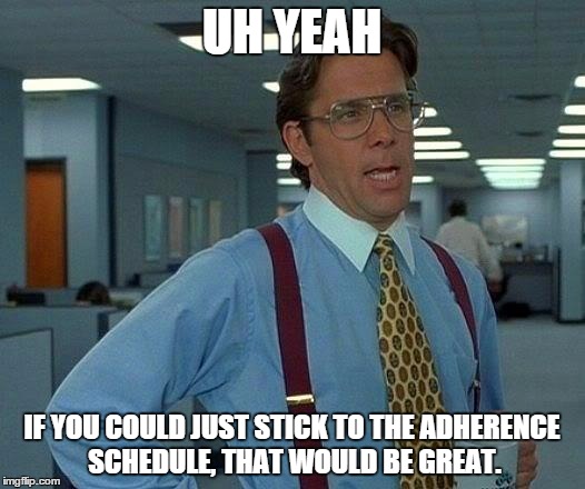 That Would Be Great Meme | UH YEAH; IF YOU COULD JUST STICK TO THE ADHERENCE SCHEDULE, THAT WOULD BE GREAT. | image tagged in memes,that would be great | made w/ Imgflip meme maker