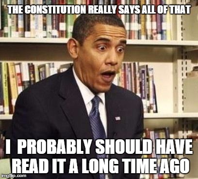 Obama surprised | THE CONSTITUTION REALLY SAYS ALL OF THAT; I  PROBABLY SHOULD HAVE READ IT A LONG TIME AGO | image tagged in obama surprised | made w/ Imgflip meme maker