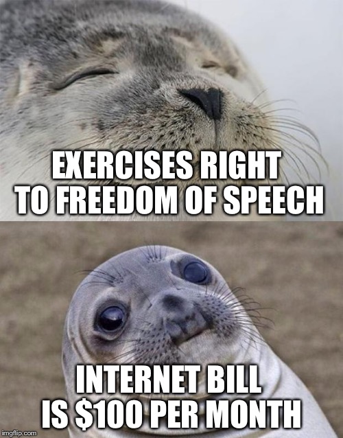 Short Satisfaction VS Truth |  EXERCISES RIGHT TO FREEDOM OF SPEECH; INTERNET BILL IS $100 PER MONTH | image tagged in memes,short satisfaction vs truth,freedom requires sacrifice,internet realization | made w/ Imgflip meme maker