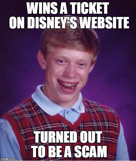 Bad Luck Brian Meme | WINS A TICKET ON DISNEY'S WEBSITE TURNED OUT TO BE A SCAM | image tagged in memes,bad luck brian | made w/ Imgflip meme maker