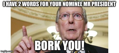 Mitch McConnell | I HAVE 2 WORDS FOR YOUR NOMINEE MR PRESIDENT; BORK YOU! | image tagged in memes,mitch mcconnell | made w/ Imgflip meme maker