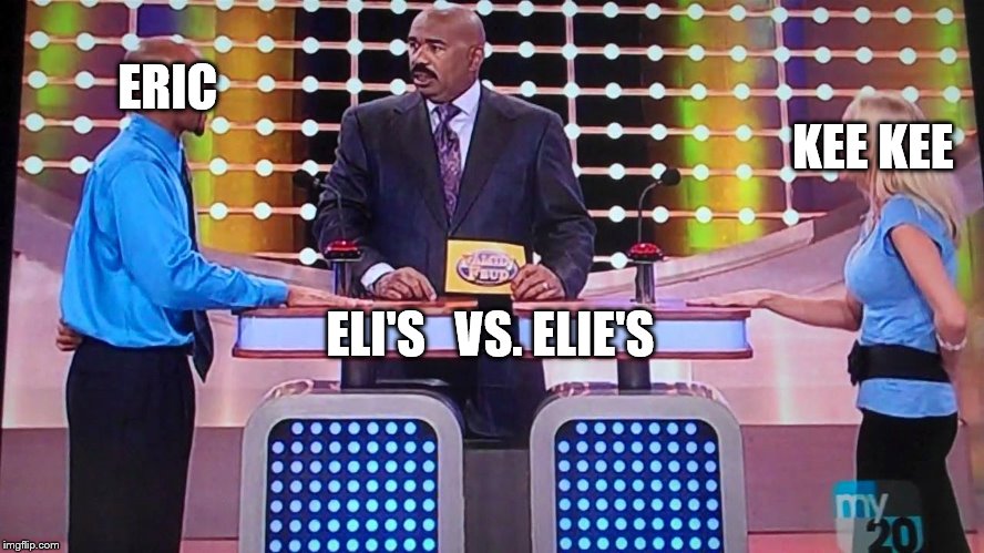 Family Feud | ERIC; KEE KEE; ELI'S   VS. ELIE'S | image tagged in family feud | made w/ Imgflip meme maker
