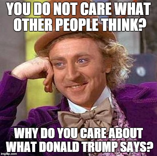 Creepy Condescending Wonka Meme | YOU DO NOT CARE WHAT OTHER PEOPLE THINK? WHY DO YOU CARE ABOUT WHAT DONALD TRUMP SAYS? | image tagged in memes,creepy condescending wonka | made w/ Imgflip meme maker