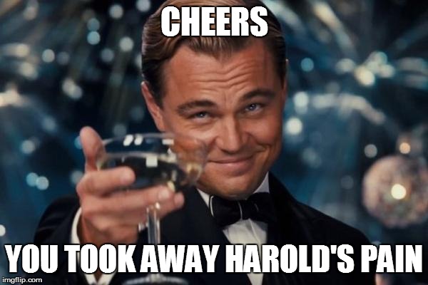 Leonardo Dicaprio Cheers Meme | CHEERS YOU TOOK AWAY HAROLD'S PAIN | image tagged in memes,leonardo dicaprio cheers | made w/ Imgflip meme maker