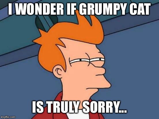 Futurama Fry Meme | I WONDER IF GRUMPY CAT IS TRULY SORRY... | image tagged in memes,futurama fry | made w/ Imgflip meme maker