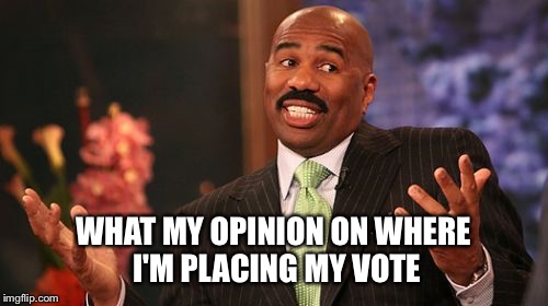 Steve Harvey | WHAT MY OPINION ON WHERE I'M PLACING MY VOTE | image tagged in memes,steve harvey | made w/ Imgflip meme maker