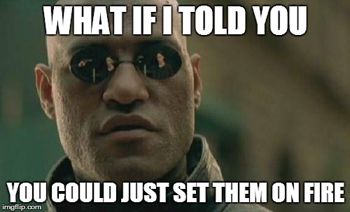 WHAT IF I TOLD YOU YOU COULD JUST SET THEM ON FIRE | image tagged in memes,matrix morpheus | made w/ Imgflip meme maker