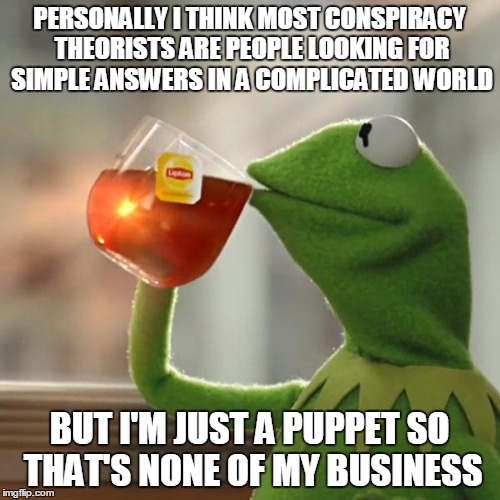 But That's None Of My Business Meme | PERSONALLY I THINK MOST CONSPIRACY THEORISTS ARE PEOPLE LOOKING FOR SIMPLE ANSWERS IN A COMPLICATED WORLD BUT I'M JUST A PUPPET SO THAT'S NO | image tagged in memes,but thats none of my business,kermit the frog | made w/ Imgflip meme maker