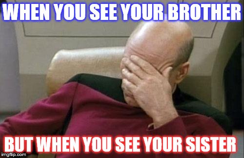 Captain Picard Facepalm Meme | WHEN YOU SEE YOUR BROTHER; BUT WHEN YOU SEE YOUR SISTER | image tagged in memes,captain picard facepalm | made w/ Imgflip meme maker