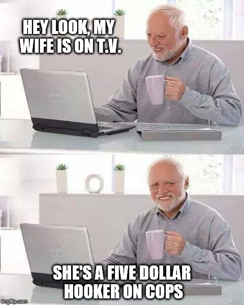 Hide the Pain Harold | HEY LOOK, MY WIFE IS ON T.V. SHE'S A FIVE DOLLAR HOOKER ON COPS | image tagged in memes,hide the pain harold | made w/ Imgflip meme maker