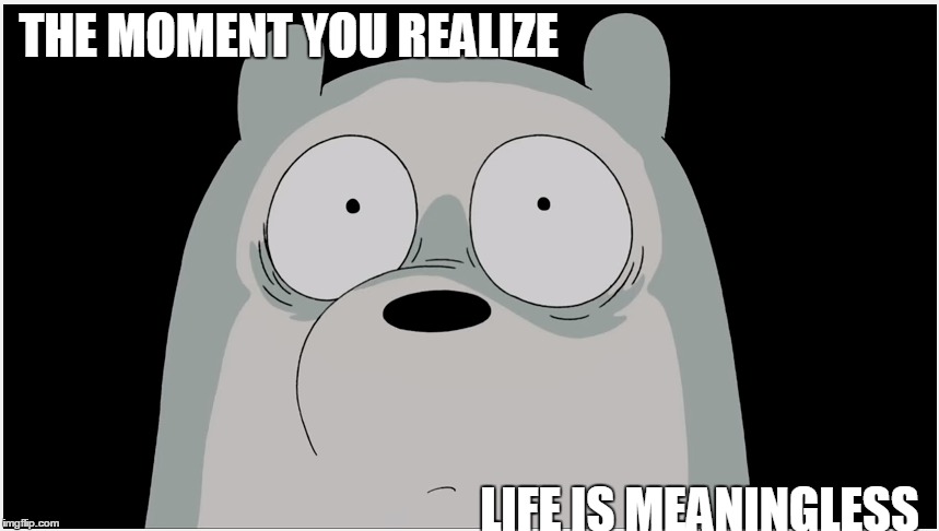 A little (personal) philosophy from a creature near extinction | THE MOMENT YOU REALIZE; LIFE IS MEANINGLESS | image tagged in shock,scared,extinct,philosophy,we bare bears,ice bear | made w/ Imgflip meme maker