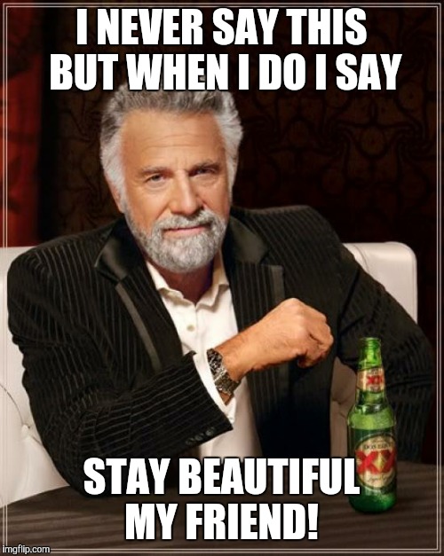 The Most Interesting Man In The World | I NEVER SAY THIS BUT WHEN I DO I SAY; STAY BEAUTIFUL MY FRIEND! | image tagged in memes,the most interesting man in the world | made w/ Imgflip meme maker