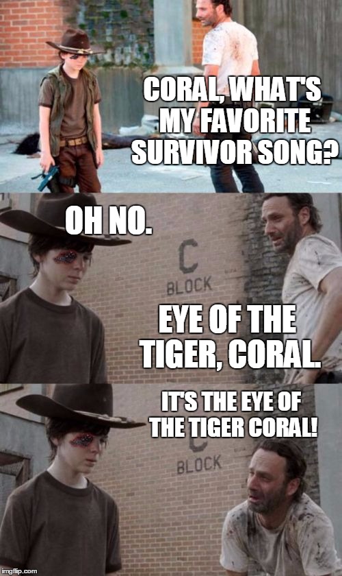 CORAL 1 eye | CORAL, WHAT'S MY FAVORITE SURVIVOR SONG? OH NO. EYE OF THE TIGER, CORAL. IT'S THE EYE OF THE TIGER CORAL! | image tagged in coral 1 eye | made w/ Imgflip meme maker