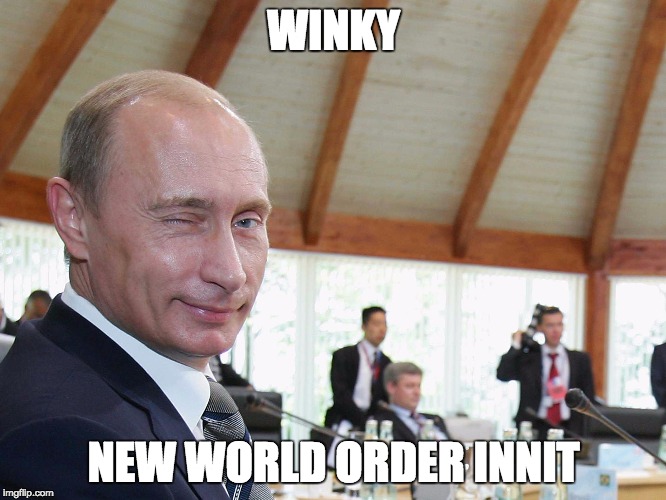 Vladmir | WINKY; NEW WORLD ORDER INNIT | image tagged in nwo,putin | made w/ Imgflip meme maker