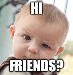 Skeptical Baby | HI; FRIENDS? | image tagged in memes,skeptical baby | made w/ Imgflip meme maker