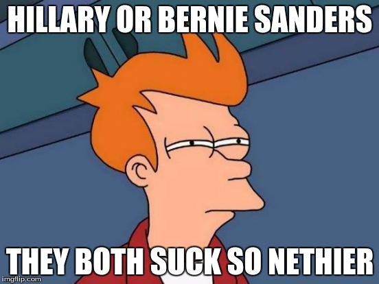 Futurama Fry | HILLARY OR BERNIE SANDERS; THEY BOTH SUCK SO NETHIER | image tagged in memes,futurama fry | made w/ Imgflip meme maker