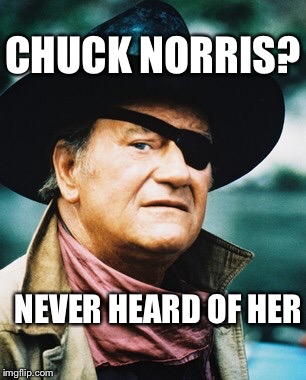 John Wayne  | CHUCK NORRIS? NEVER HEARD OF HER | image tagged in john wayne | made w/ Imgflip meme maker