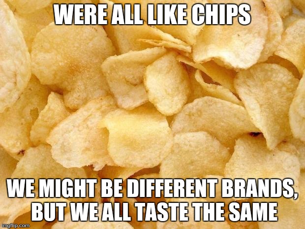 It's a metaphor against racism | WERE ALL LIKE CHIPS; WE MIGHT BE DIFFERENT BRANDS, BUT WE ALL TASTE THE SAME | image tagged in memes,chips,racism | made w/ Imgflip meme maker