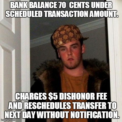 Scumbag Steve Meme | BANK BALANCE 70  CENTS UNDER SCHEDULED TRANSACTION AMOUNT. CHARGES $5 DISHONOR FEE  AND RESCHEDULES TRANSFER TO NEXT DAY WITHOUT NOTIFICATIO | image tagged in memes,scumbag steve | made w/ Imgflip meme maker