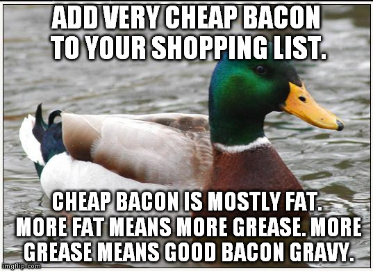 Actual Advice Mallard | ADD VERY CHEAP BACON TO YOUR SHOPPING LIST. CHEAP BACON IS MOSTLY FAT. MORE FAT MEANS MORE GREASE. MORE GREASE MEANS GOOD BACON GRAVY. | image tagged in memes,actual advice mallard | made w/ Imgflip meme maker