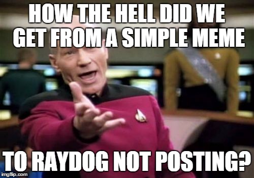 Picard Wtf Meme | HOW THE HELL DID WE GET FROM A SIMPLE MEME TO RAYDOG NOT POSTING? | image tagged in memes,picard wtf | made w/ Imgflip meme maker