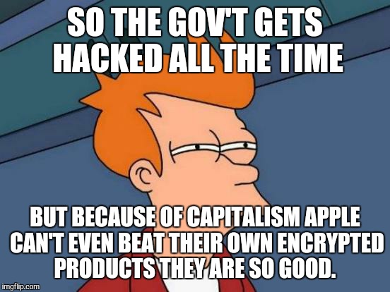 Futurama Fry | SO THE GOV'T GETS HACKED ALL THE TIME; BUT BECAUSE OF CAPITALISM APPLE CAN'T EVEN BEAT THEIR OWN ENCRYPTED PRODUCTS THEY ARE SO GOOD. | image tagged in memes,futurama fry | made w/ Imgflip meme maker