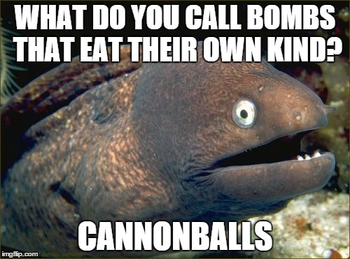 Bad Joke Eel Meme | WHAT DO YOU CALL BOMBS THAT EAT THEIR OWN KIND? CANNONBALLS | image tagged in memes,bad joke eel | made w/ Imgflip meme maker