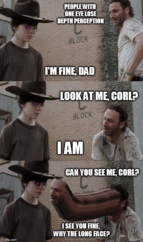 Blind Carl and Rick | PEOPLE WITH ONE EYE LOSE DEPTH PERCEPTION; I'M FINE, DAD; LOOK AT ME, CORL? I AM; CAN YOU SEE ME, CORL? I SEE YOU FINE. WHY THE LONG FACE? | image tagged in blind carl and rick | made w/ Imgflip meme maker
