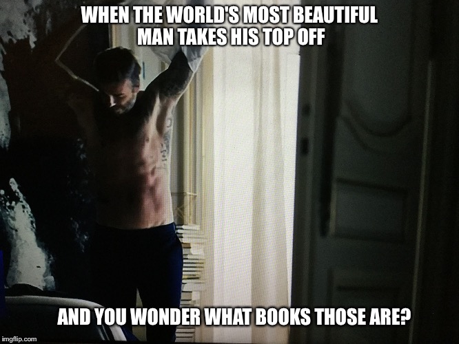 David Beckham or Books | WHEN THE WORLD'S MOST BEAUTIFUL MAN TAKES HIS TOP OFF; AND YOU WONDER WHAT BOOKS THOSE ARE? | image tagged in books,reading | made w/ Imgflip meme maker