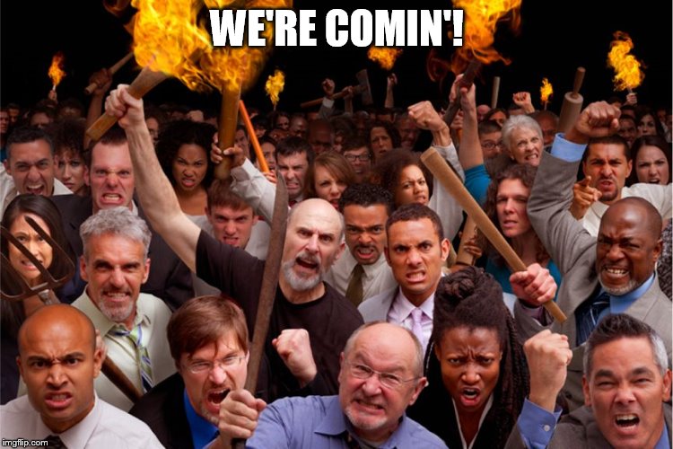 We're Comin'! | WE'RE COMIN'! | image tagged in angry mob,memes,angry,protest | made w/ Imgflip meme maker