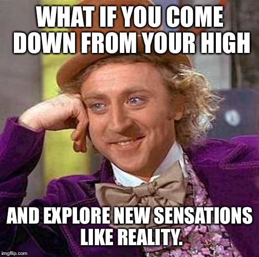 Creepy Condescending Wonka Meme | WHAT IF YOU COME DOWN FROM YOUR HIGH AND EXPLORE NEW SENSATIONS LIKE REALITY. | image tagged in memes,creepy condescending wonka | made w/ Imgflip meme maker